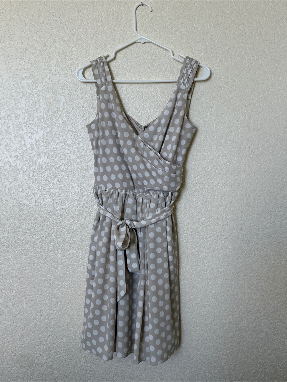Express Taupe and White Polka Dot Midi Wrap Dress
